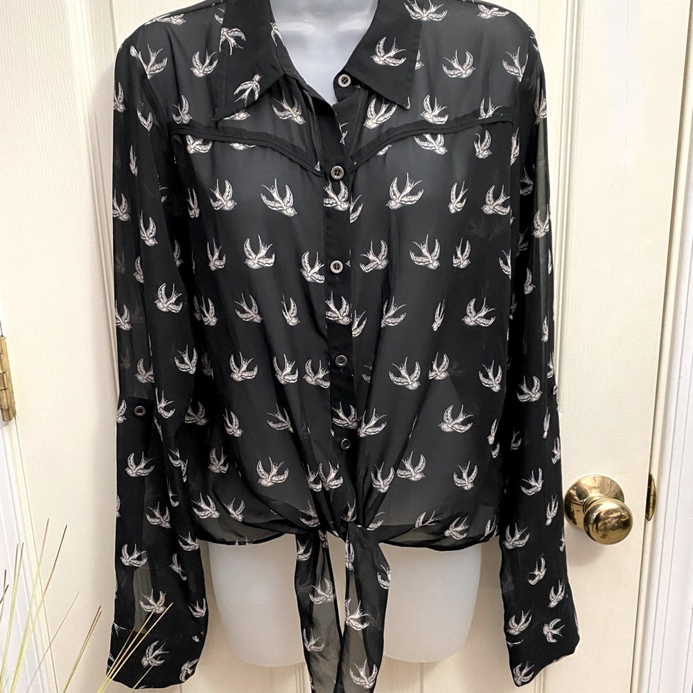 Women’s tie at the waist sheer black blouse.